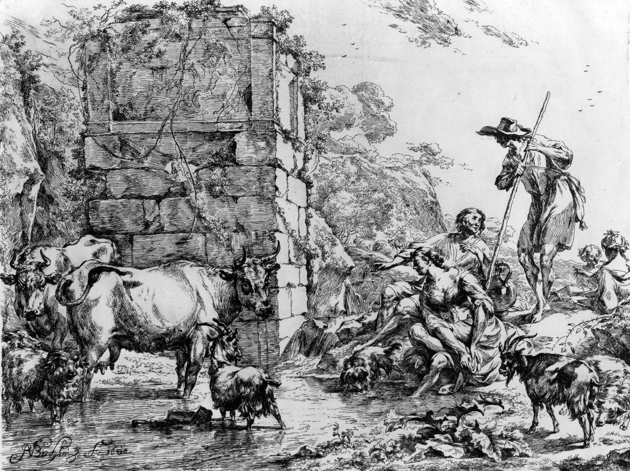 Vaches et chèvres buvant à un étang - Nicolaes Pietersz. Berchem