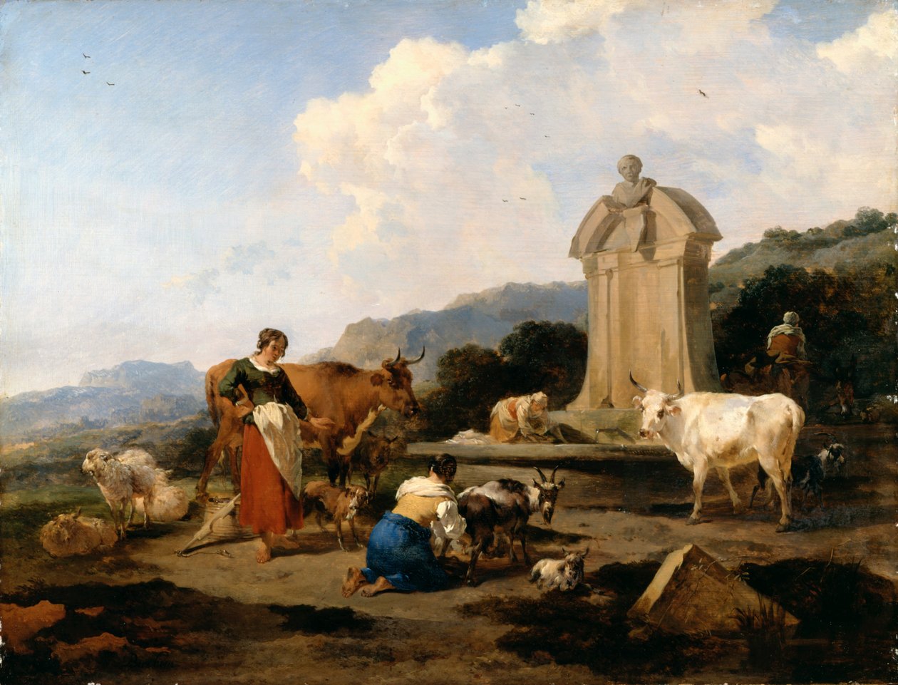 Fontaine romaine avec bétail et personnages (Le Midi) - Nicolaes Pietersz. Berchem