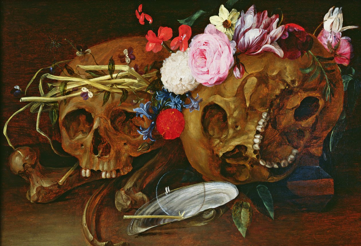 Nature morte de vanité avec crânes, fleurs, une coquille de moule perlière, une bulle et une paille - Nicolaes van Veerendael
