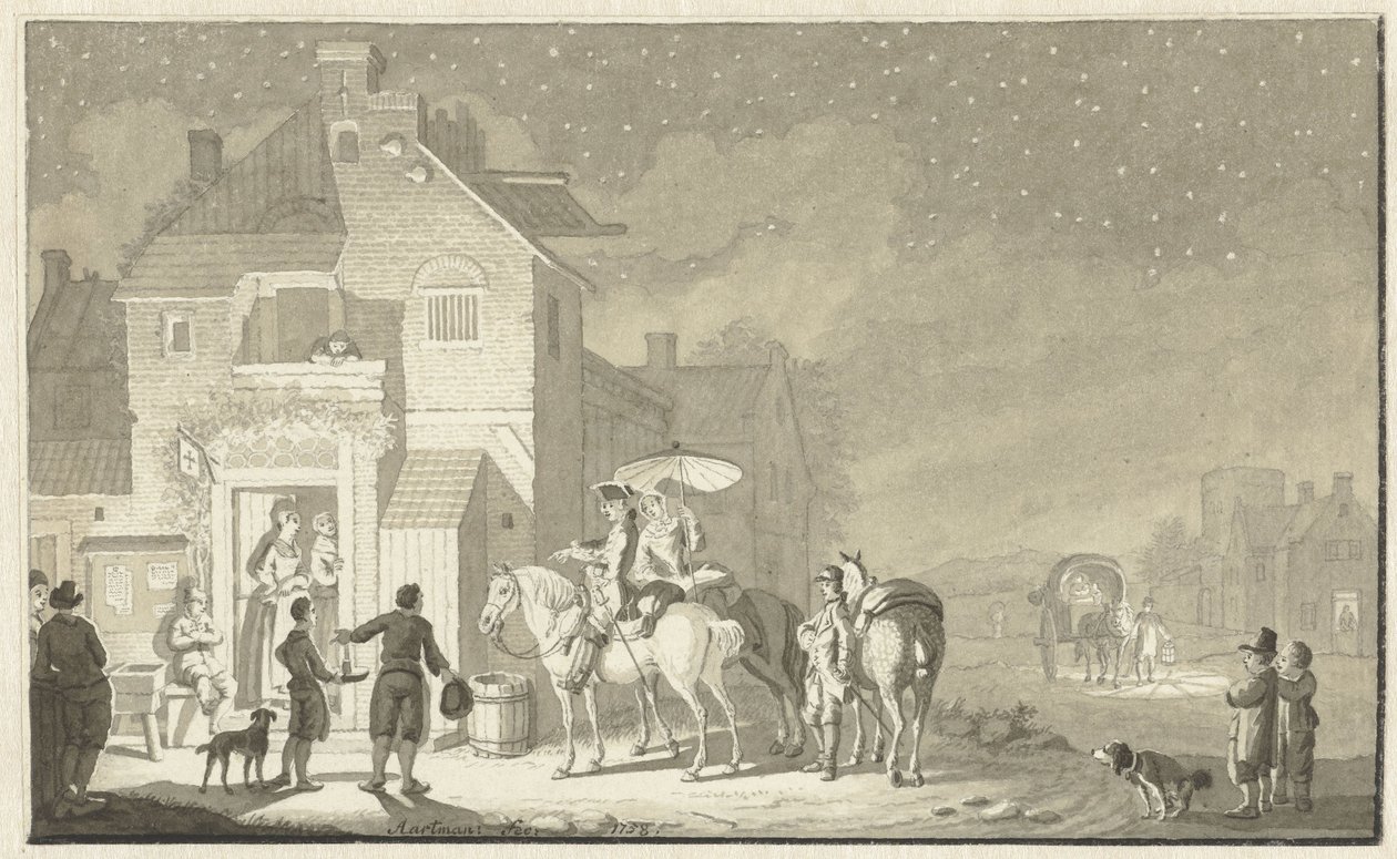 Groupe de voyageurs devant une auberge le soir - Nicolaes Aartman