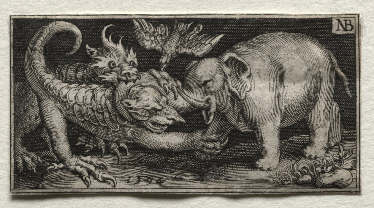 Éléphant combattant deux bêtes - Nicolaes de Bruyn