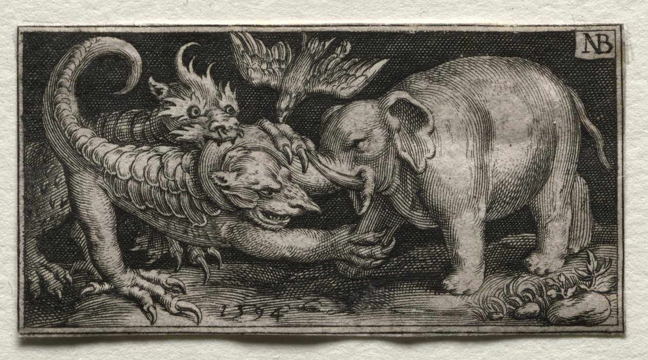 Éléphant combattant deux bêtes, 1594 - Nicolaes de Bruyn