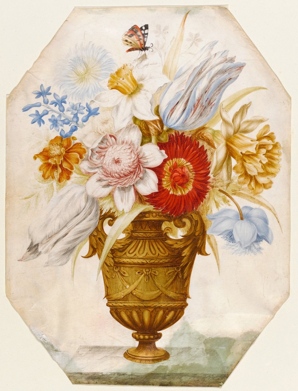 Nature morte de fleurs dans un vase sur un rebord avec un papillon reposant sur des narcisses - Nicolas Robert