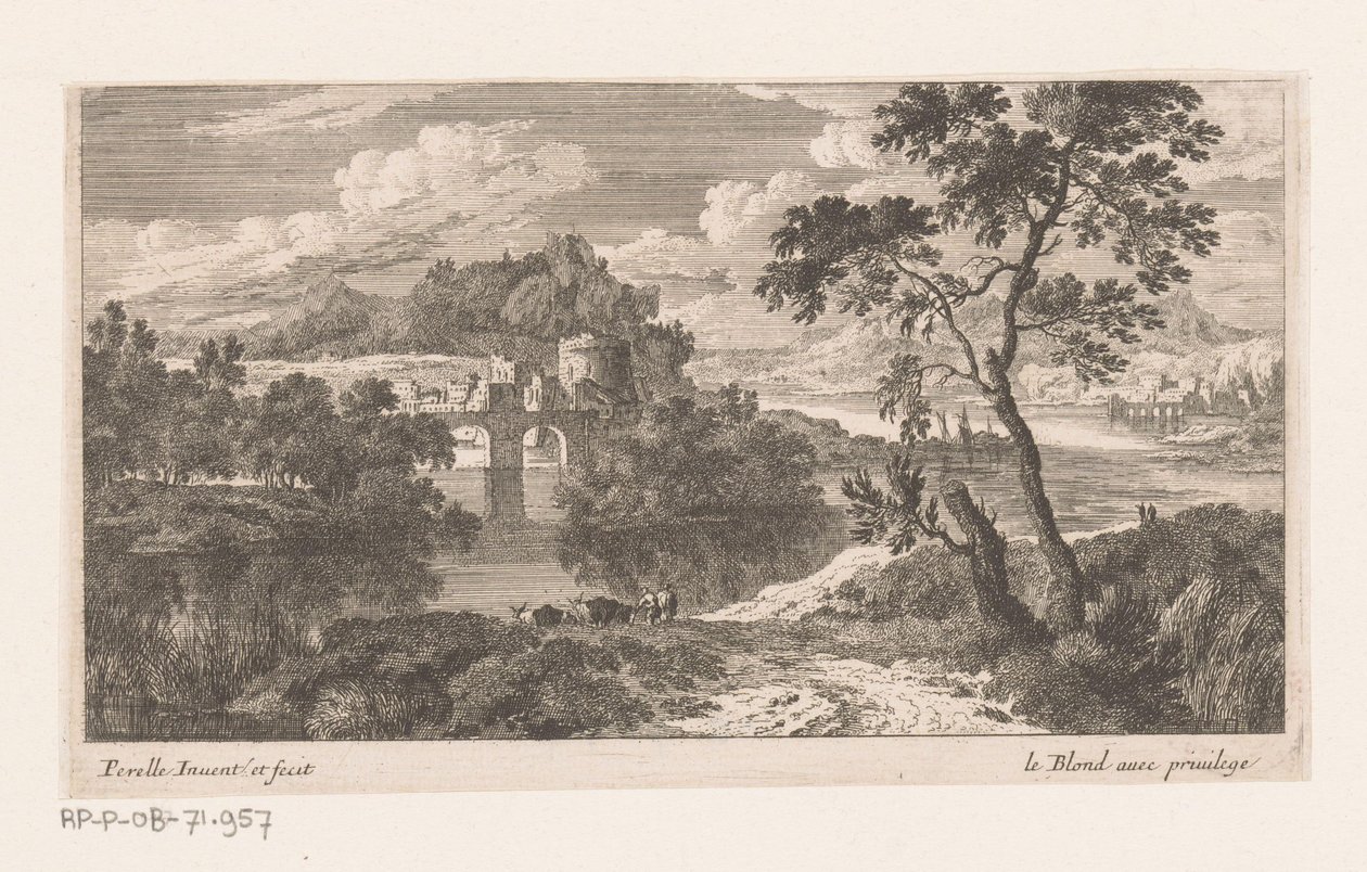 Paysage fluvial avec un pont à deux arches - Nicolas Perelle