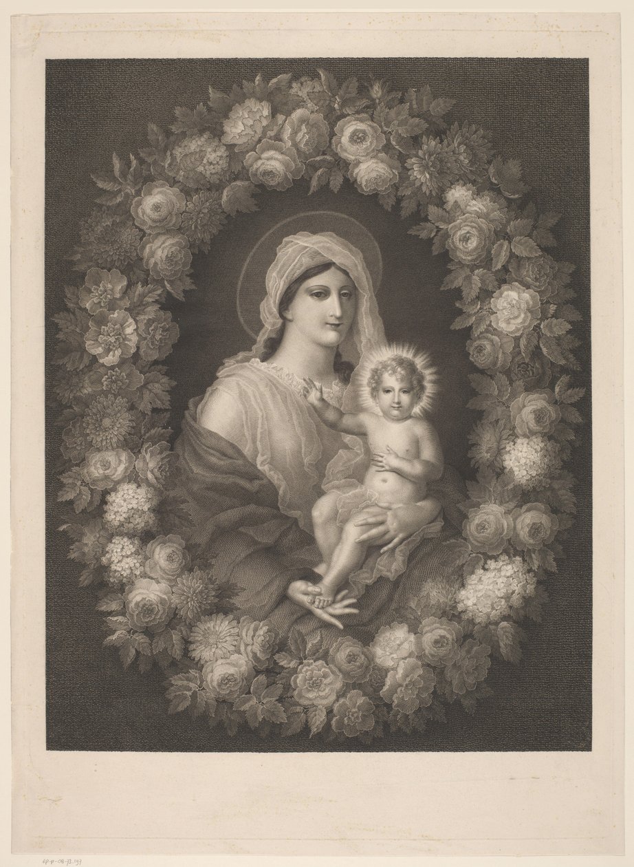 Marie avec enfant dans une couronne de fleurs - Nicolas Pinet