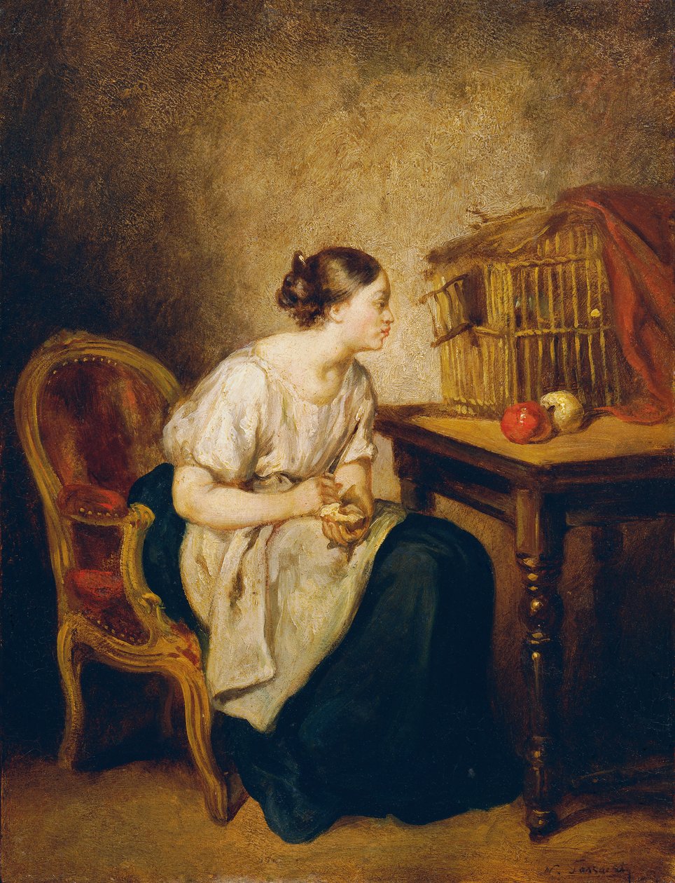 Jeune femme avec une cage à oiseaux - Octave Nicolas Francois Tassaert