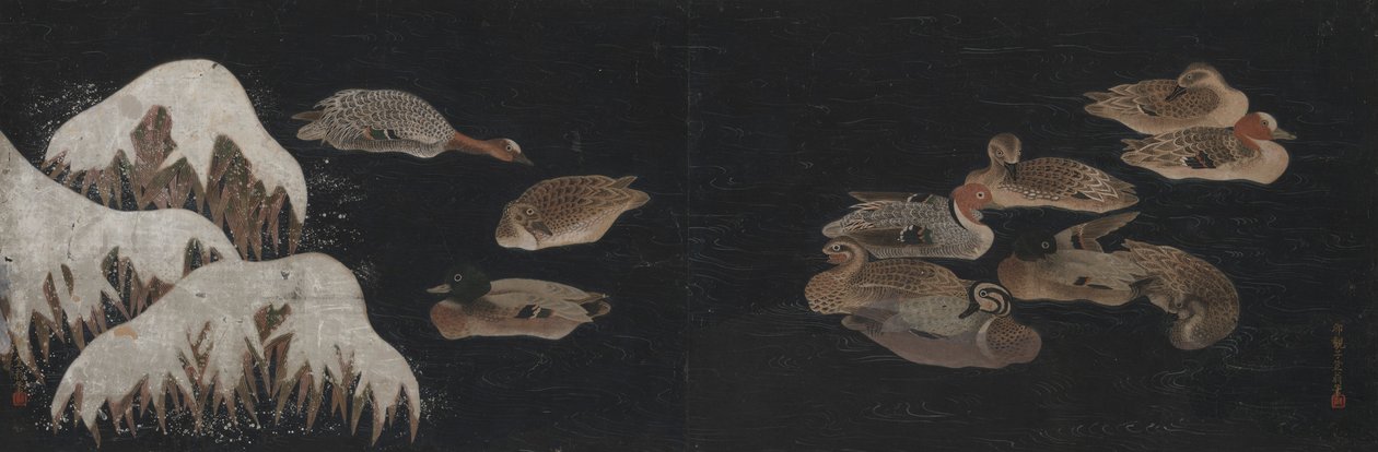 Canards sur un étang hivernal - Ogawa Haritsu
