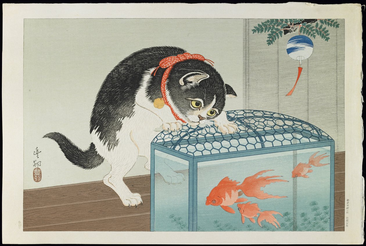 Chat et poisson rouge, années 1930 - Ohara Koson