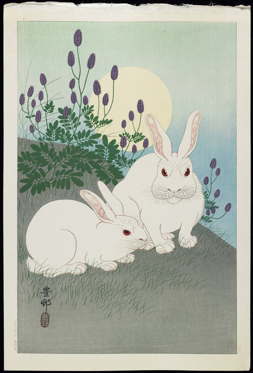 Deux lapins blancs sous une pleine lune, années 1930 - Ohara Koson
