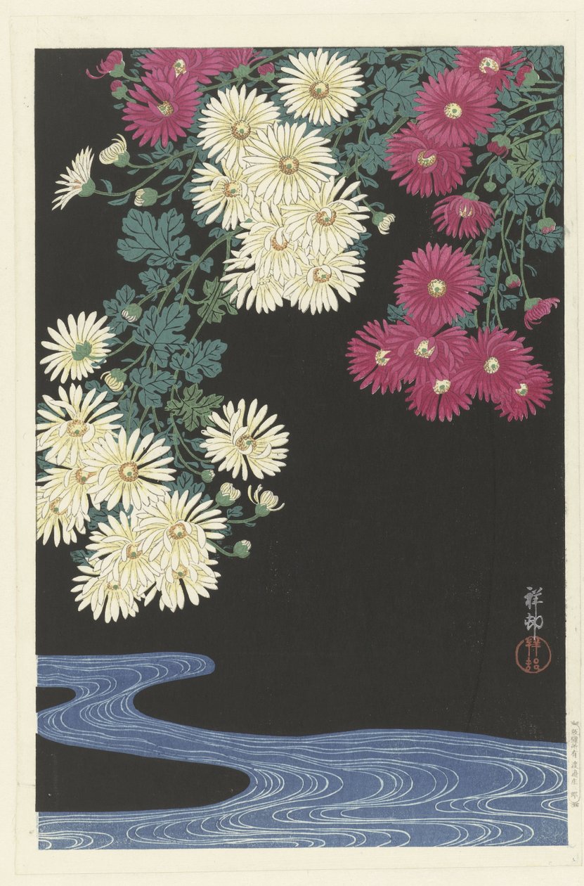 Chrysanthèmes et eau courante - Ohara Koson