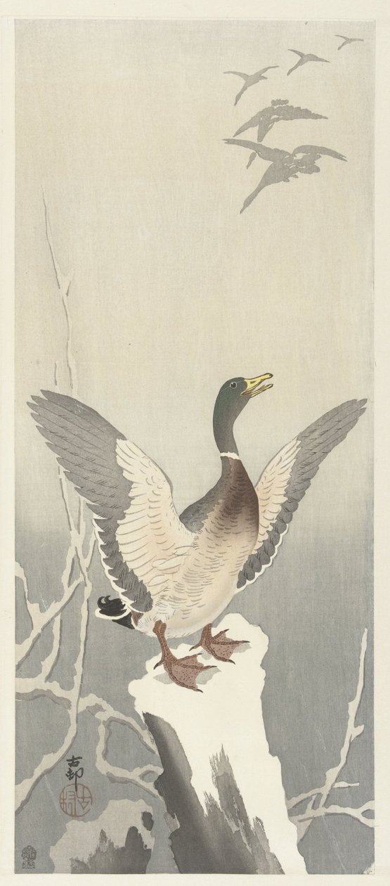 Canard sur une souche enneigée - Ohara Koson