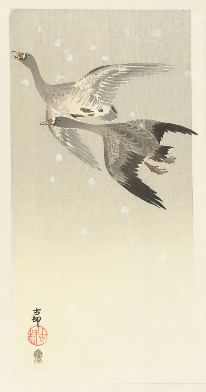 Oies cendrées volant dans la neige - Ohara Koson