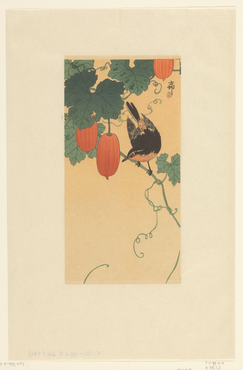 Oiseau chanteur sur une plante avec des fruits rouges - Ohara Koson