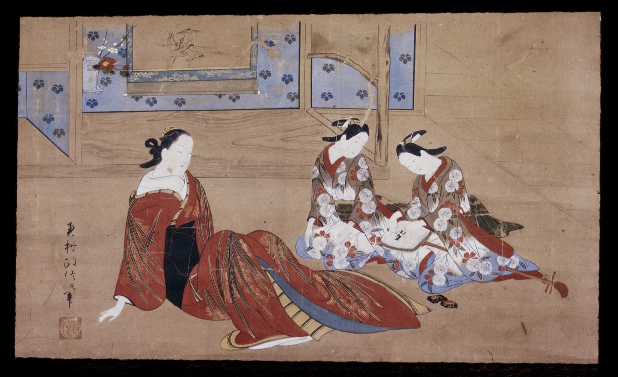 Nikuhitsu ukiyo-e : Courtisane et Deux Assistantes - Okumura Masanobu