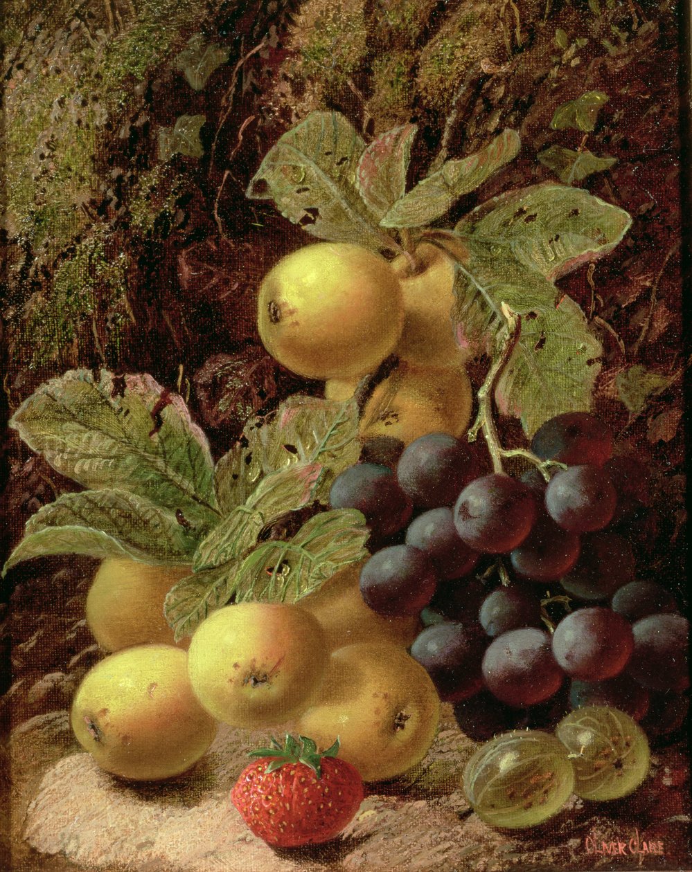 Nature morte avec pommes, raisins, fraise et groseille - Oliver Clare