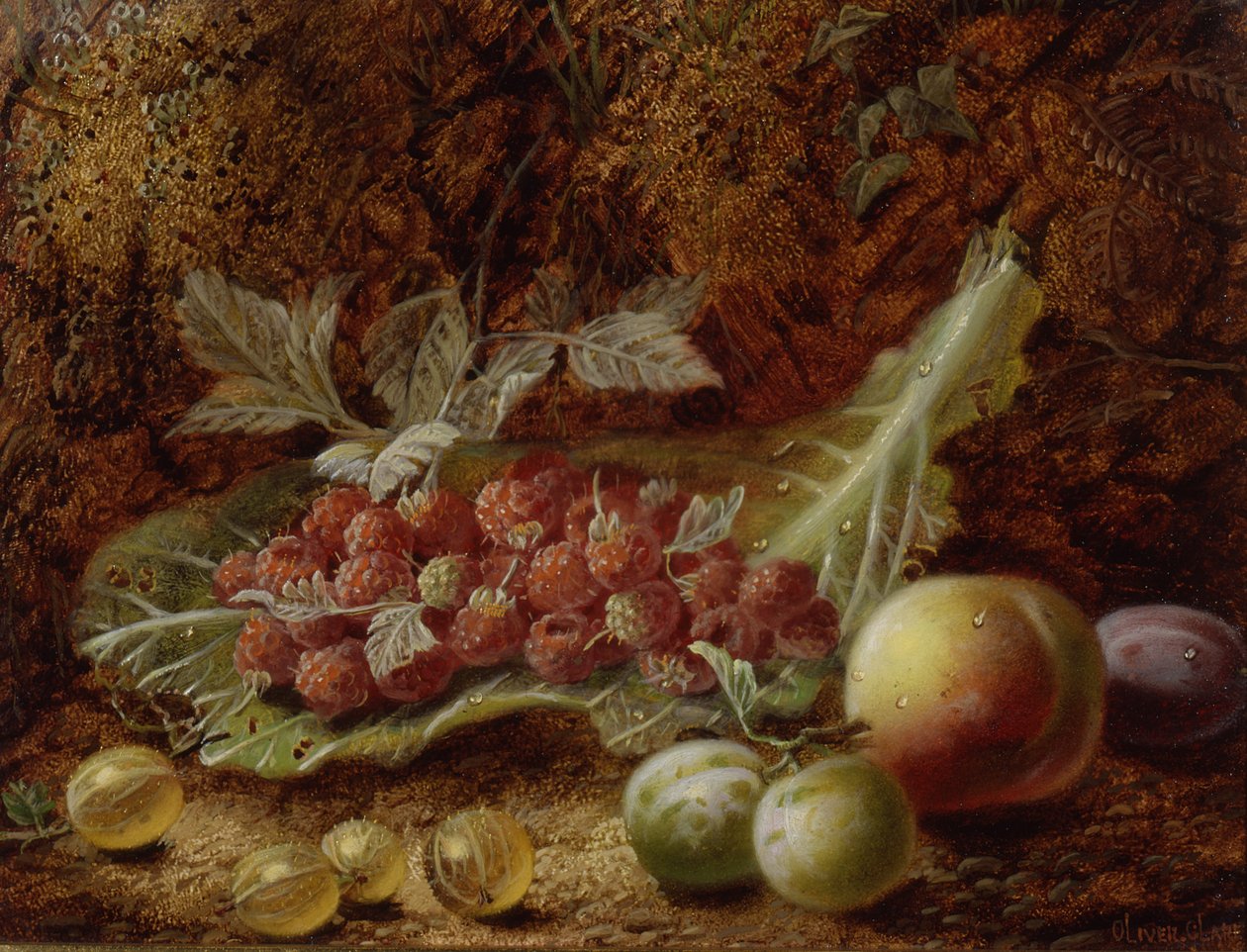 Nature morte de framboises, groseilles, pêche et prunes sur une berge mousseuse - Oliver Clare