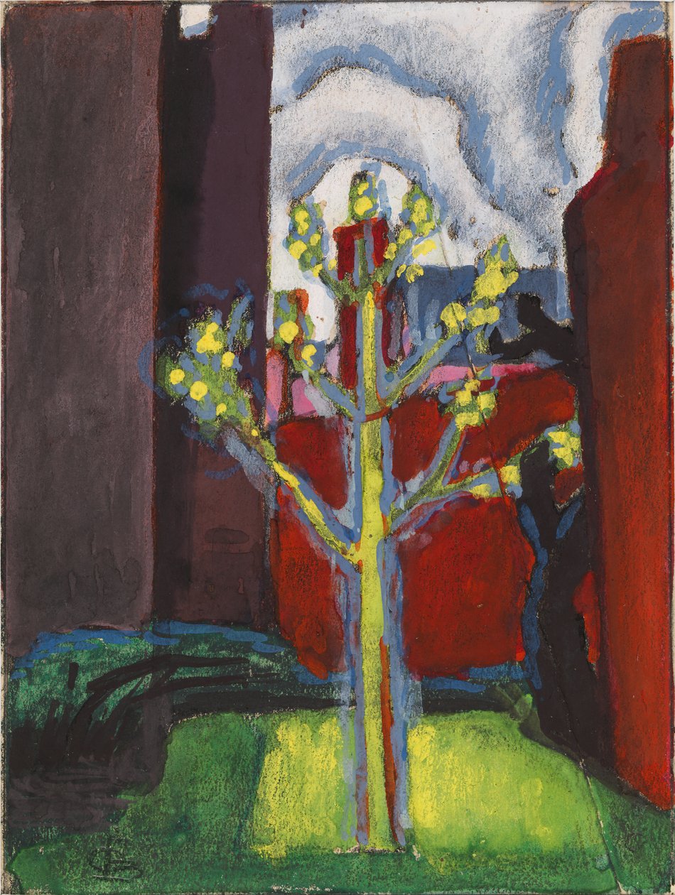 Jeune arbre dans une cour rouge - Oscar Bleumner
