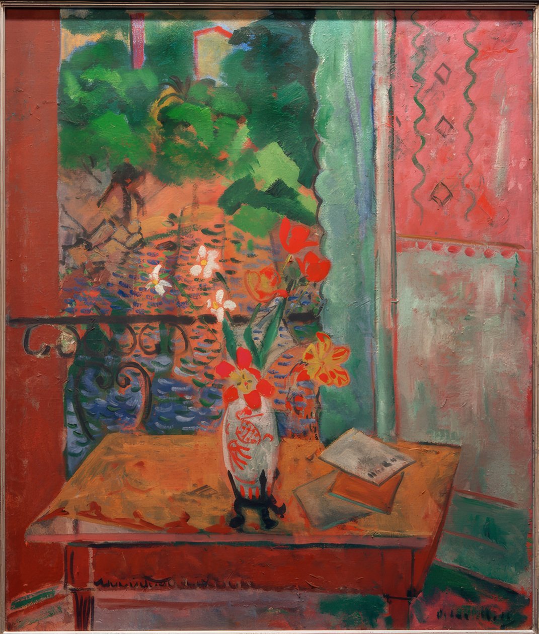 Bouquet de fleurs devant une porte-fenêtre ouverte - Oskar Moll