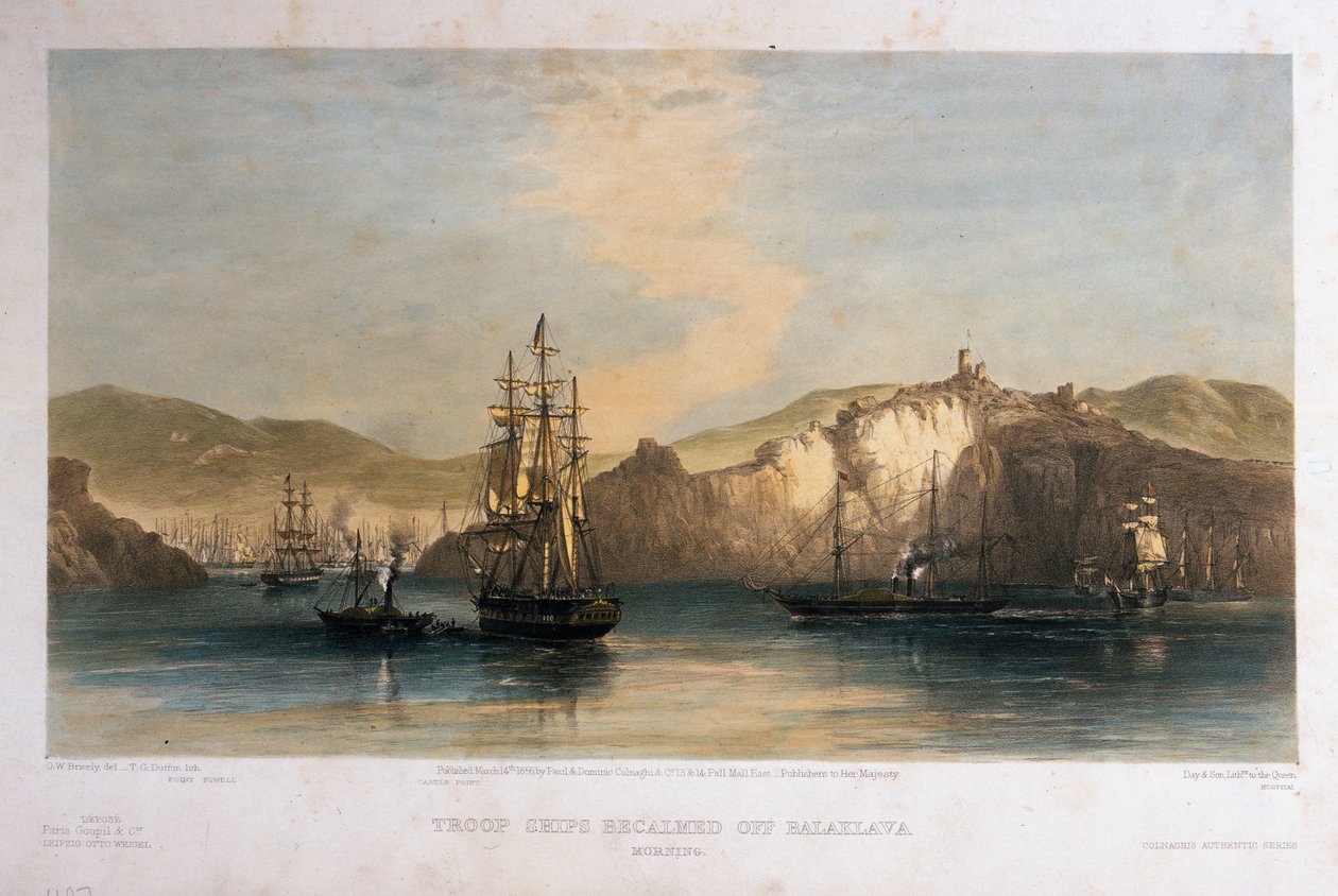 Navires de troupe calmes au large de Balaklava, matin, gravé par T.G. Dutton, publié par Colnaghi et Co., 1855 - Oswald Walters Brierly