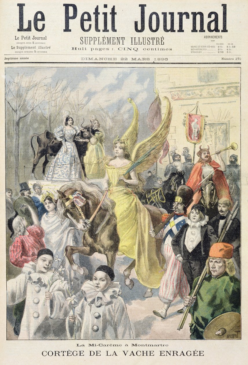 Page de titre représentant la procession de la vache folle, mi-Carême à Montmartre, illustration du supplément illustré du Petit Journal, 22 mars 1896 - Oswaldo Tofani