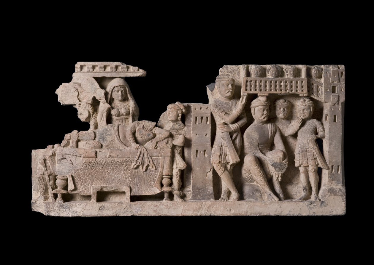 Panneau en relief représentant le rêve de la reine Maya, région de Gandhara - Pakistani School