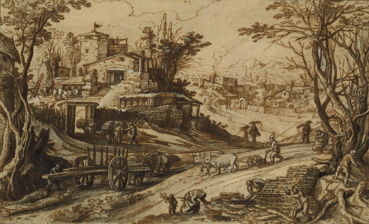 Janvier : bûcherons dans un paysage d