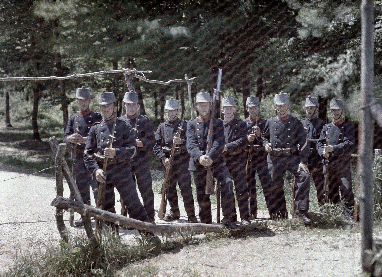 Un groupe de gardes-frontières suisses derrière une clôture entre la Suisse et la France, Département Haut-Rhin, Alsace, France, 19 juin 1917 - Paul Castelnau