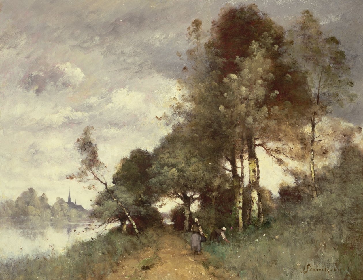 Paysans cueillant des fleurs au bord d