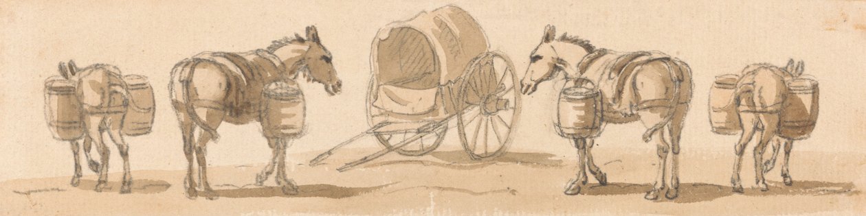 Quatre mules avec des paniers et une charrette - Paul Sandby