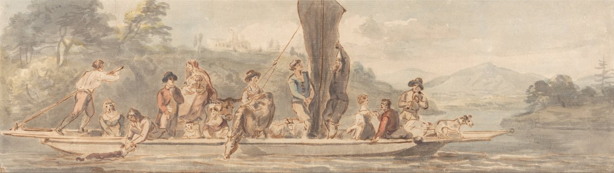 Bac fluvial avec de nombreux passagers et animaux - Paul Sandby