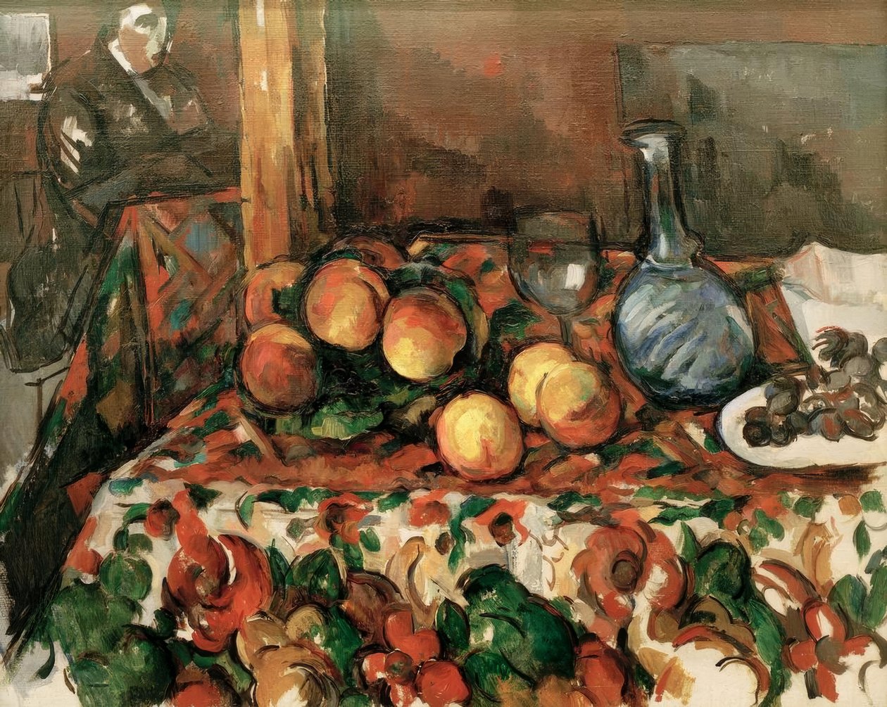 Pêches, carafe et personnage - Paul Cézanne