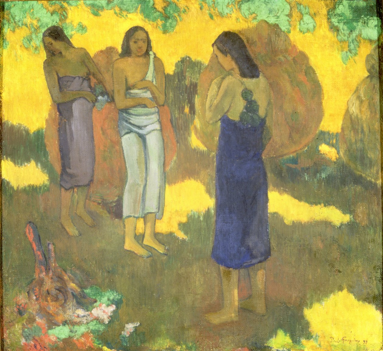 Trois femmes tahitiennes sur un fond jaune - Paul Gauguin