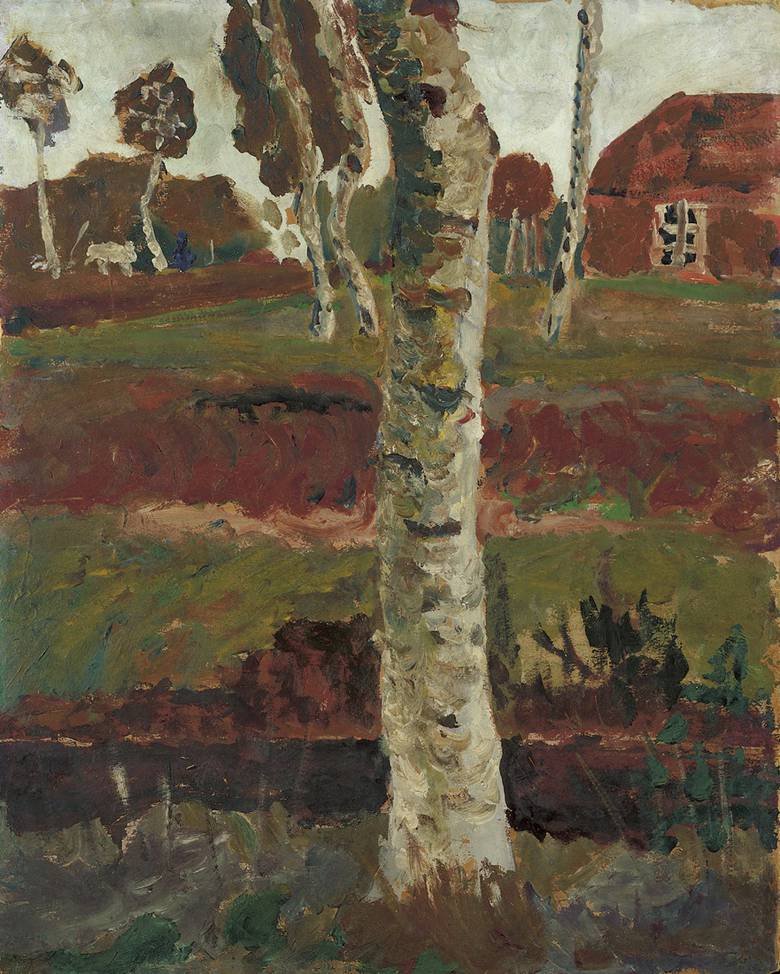 Tronc de bouleau au bord du marais devant un paysage avec une maison - Paula Modersohn Becker