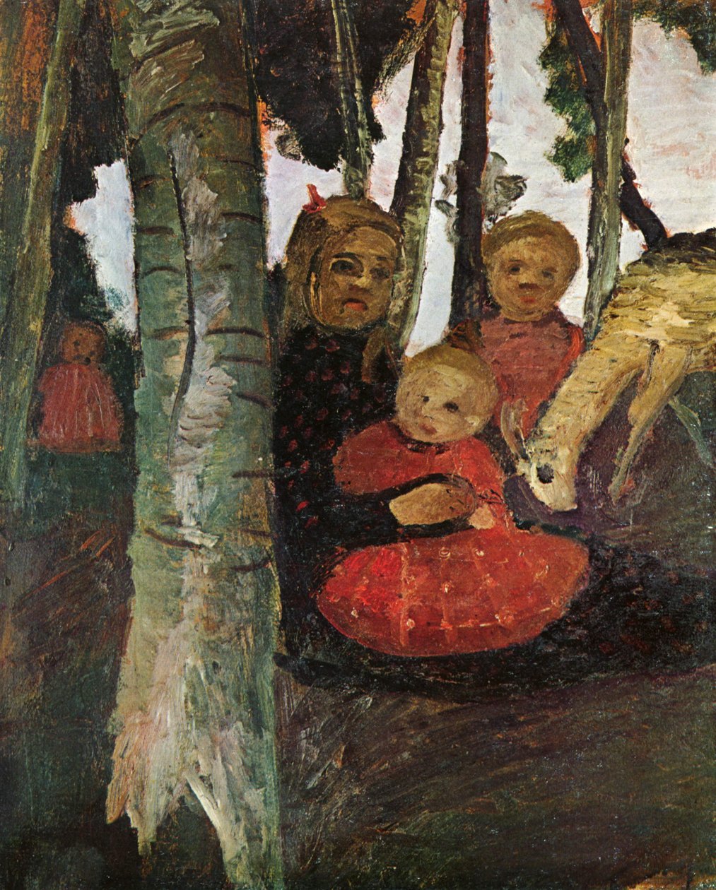 Trois enfants avec une chèvre dans une forêt de bouleaux - Paula Modersohn Becker
