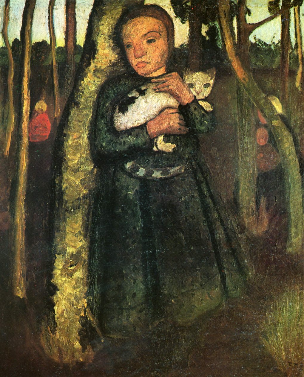 Jeune fille avec un chat dans une forêt de bouleaux - Paula Modersohn Becker