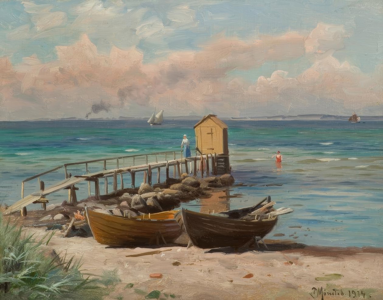 P.Mönsted, Cabine de bain sur la plage - Peder Monsted