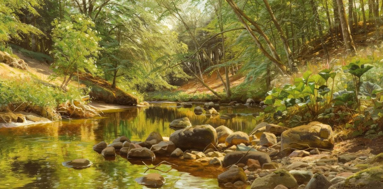 Ruisseau forestier ensoleillé - Peder Monsted