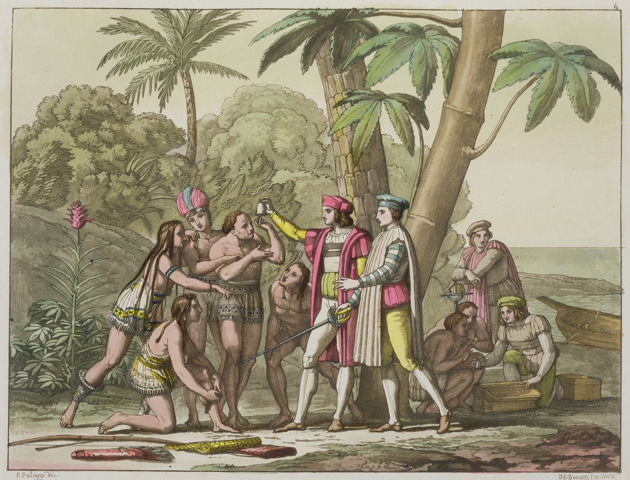 Christophe Colomb (1451-1506) avec des Amérindiens, de 