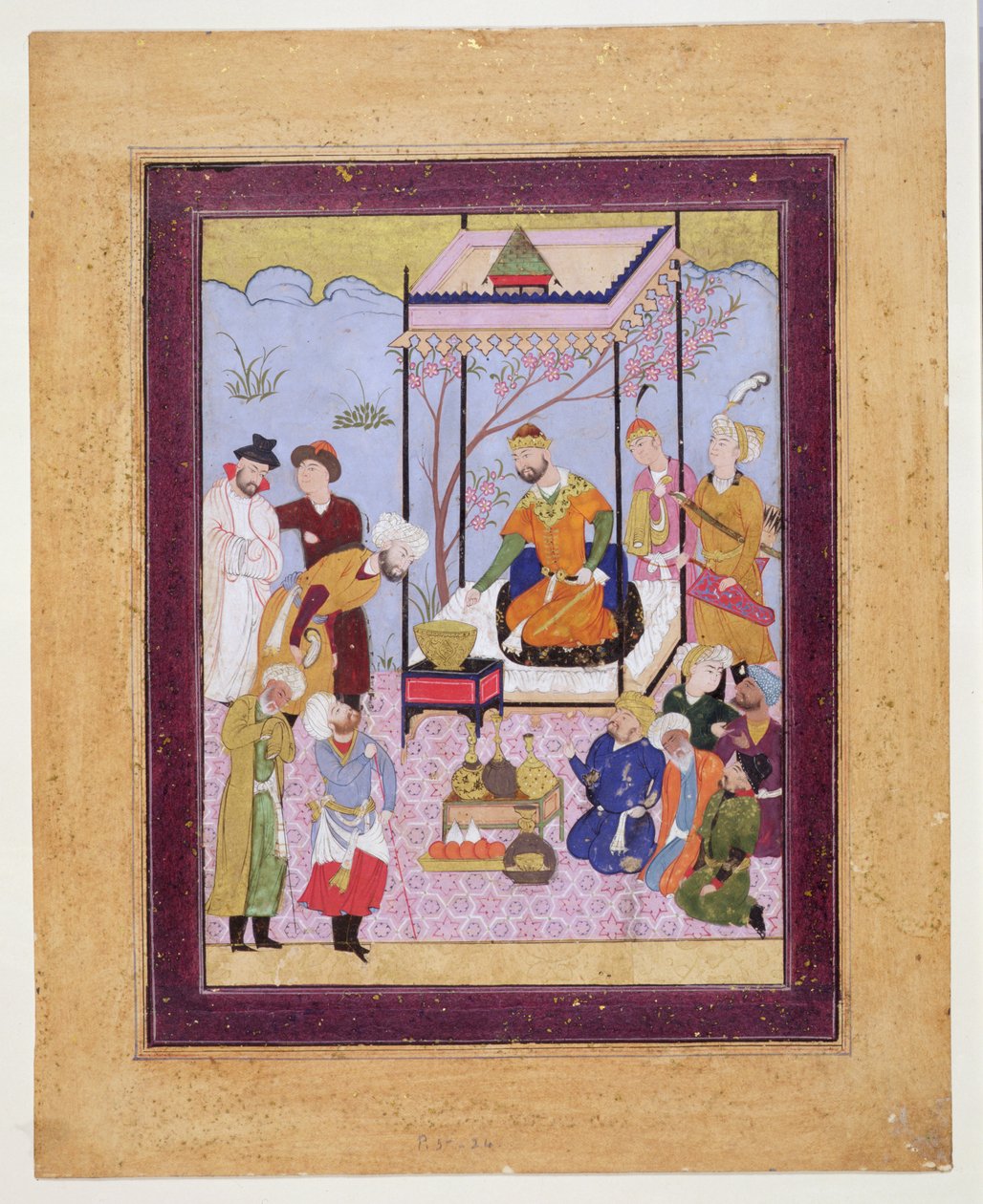 Khamsa de Nizami dans un pavillon parmi des adeptes et des serviteurs, c.1590 - Persian School