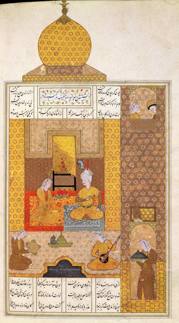 Ms D-212 fol.205b Bahram (420-28) rend visite à la princesse du Turkestan, illustration des Sept Princesses, 1199, par Elias Nezami (1140-1209) vers 1550 - Persian School