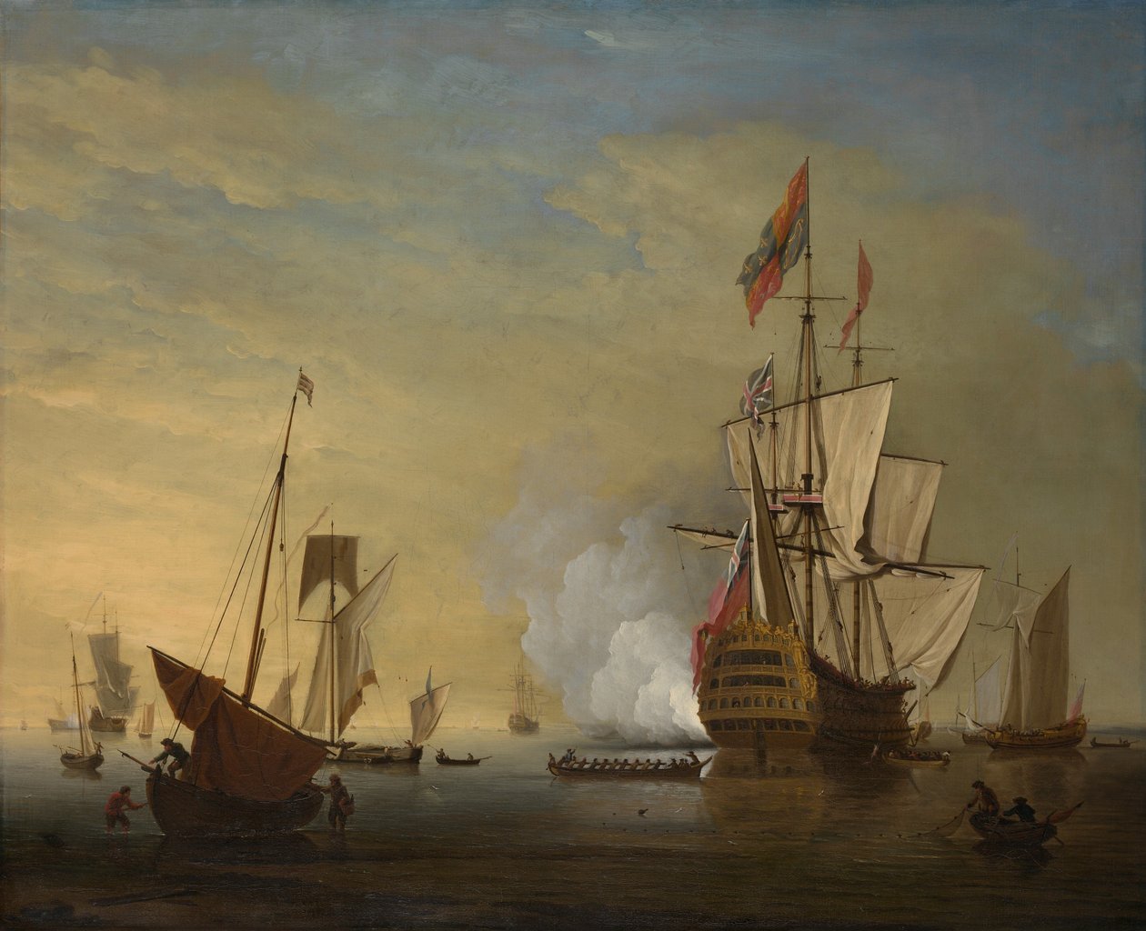 Un navire anglais avec voiles déployées tirant un coup de canon - Peter Monamy