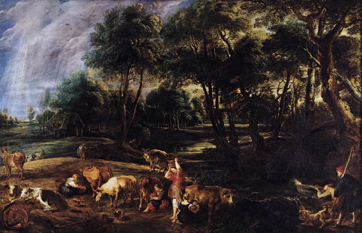 Paysage avec vaches et chasseurs d