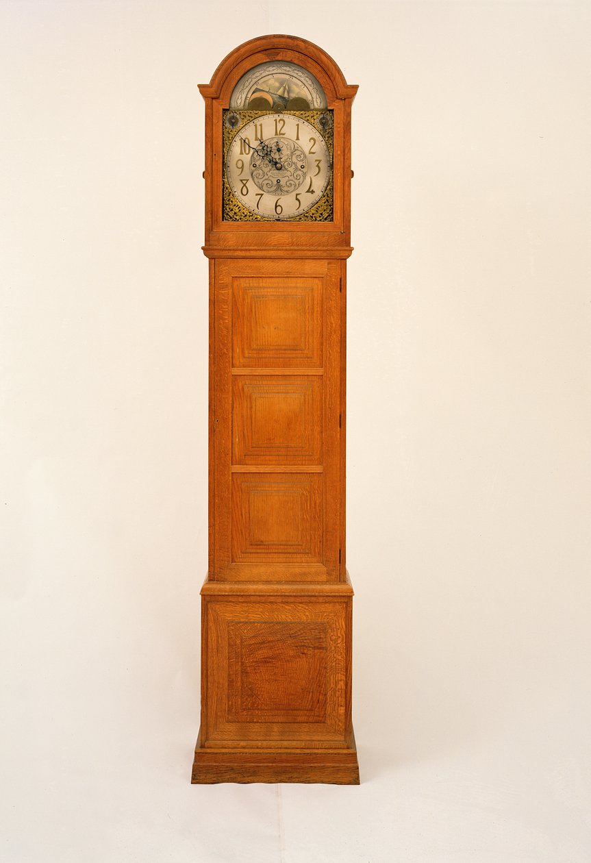 Horloge de parquet conçue par Peter Waals, avec panneaux de Norman Jewson, mouvement d