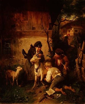 Garçons jouant avec une chèvre - Peter Baumgartner