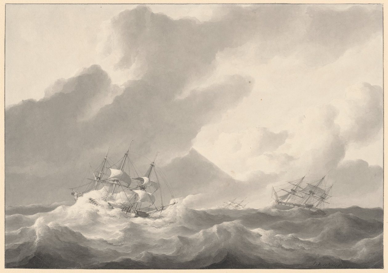 Navires dans une mer orageuse - Petrus Johannes Schotel