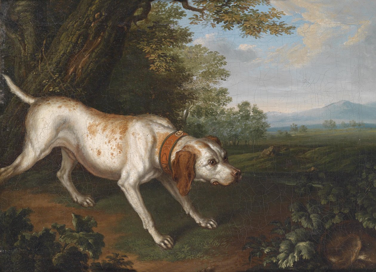 Un chien de chasse flairant une proie dans un paysage - Philipp Ferdinand de Hamilton