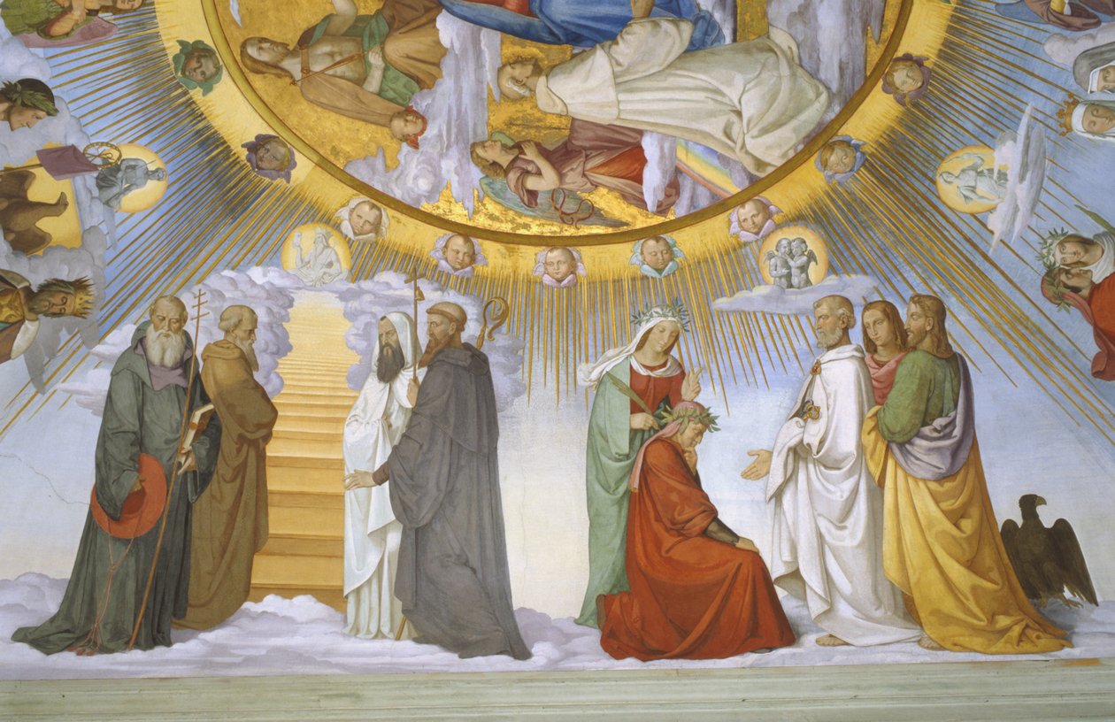 Voûte de la chambre de Dante, détail : Dante, Béatrice, Impératrice Constance, la Clarisse Piccarda Romeo de Villanova et l