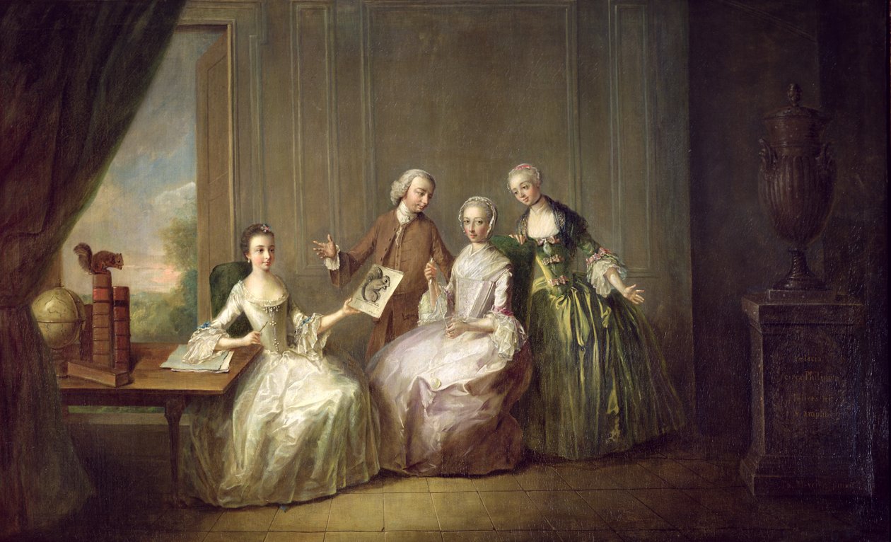 Famille dans un intérieur avec des écureuils, probablement la famille Burton d