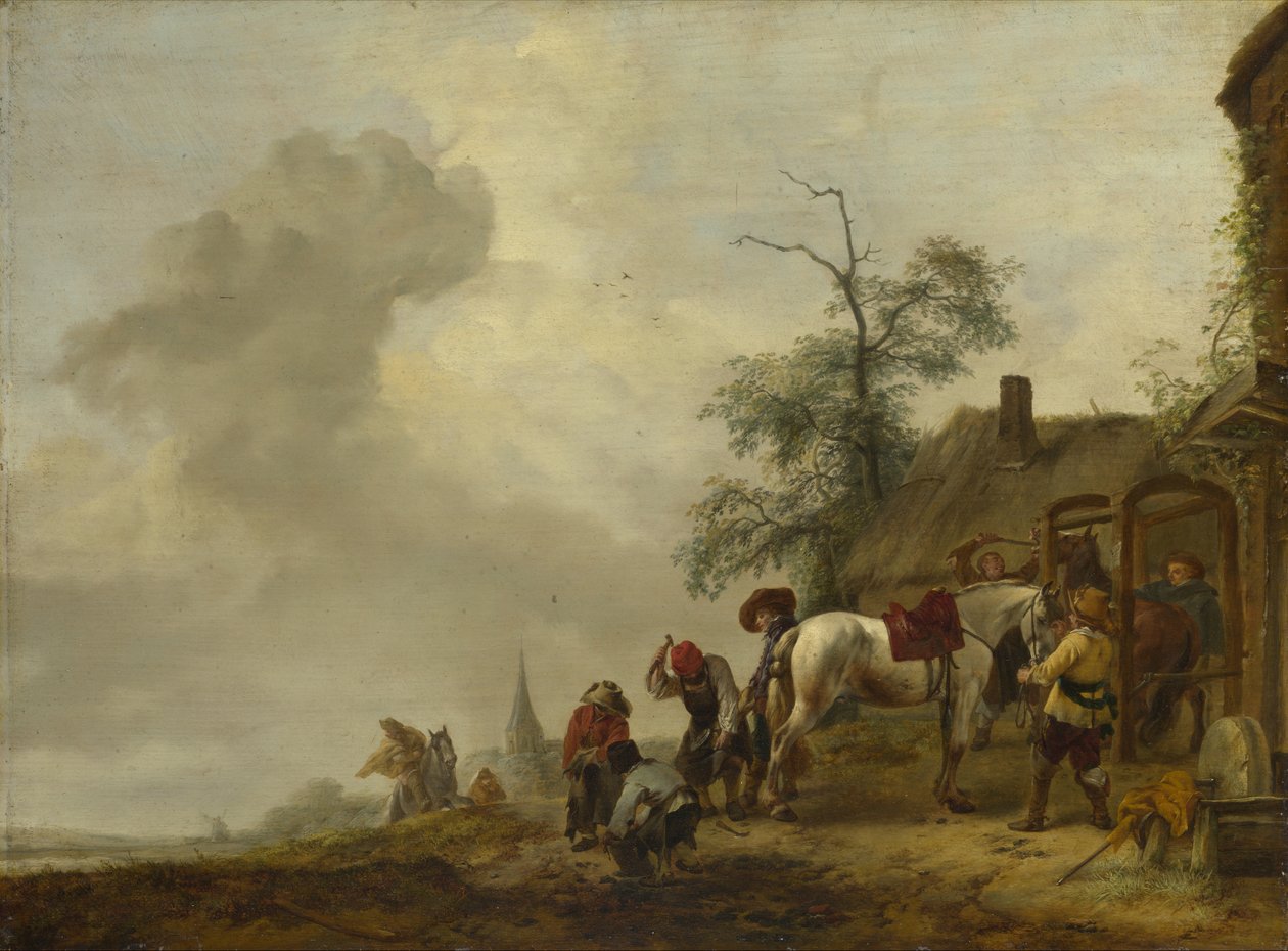 Un cheval ferré devant une forge de village - Philips Wouwerman