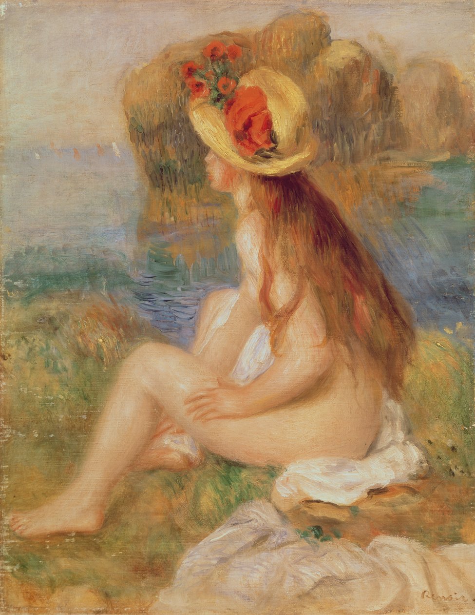Baigneuse assise avec un chapeau de paille - Pierre Auguste Renoir